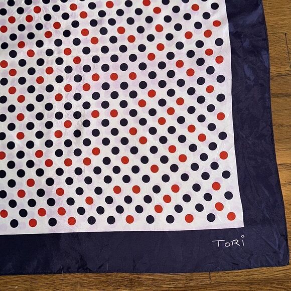 Vintage 60s/70s Tori red, white & blue polka dot acetate scarf - Picture 7 of 9